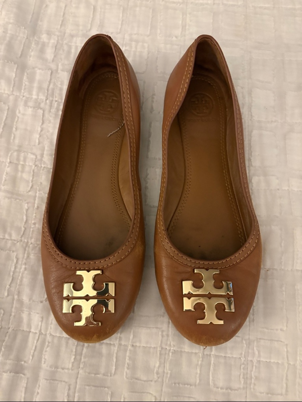 Tory Burch Tan Leather Logo Ballet Flats with Gold Emblem
